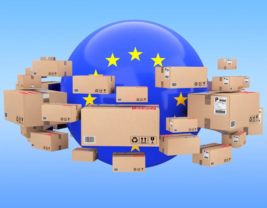 Umzugskartons rund um eine Weltkugel mit den Sternen der EU